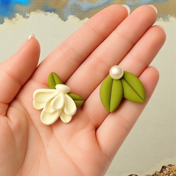 ๐๏ธ Flower Faux Pearl Asymmetrical Cute Fashion Statement Trendy Stud Earrings - Picture 5 of 12